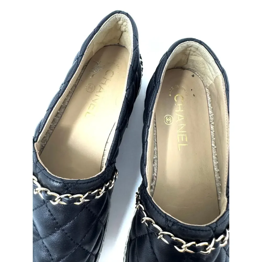 Chanel Black Quilted Leather Espadrilles w/ Gold Chain CC Charm Sz 38 | 8
